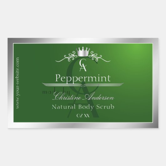 Forest Green Product Label Silver Frame Monogram 長方形シール (正面)