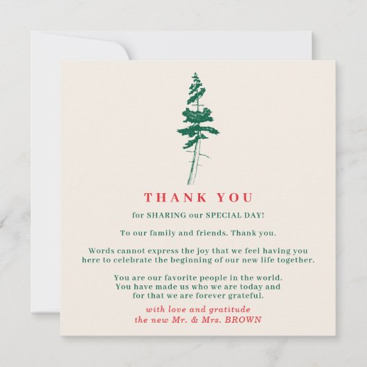 Forest Green & Red | Christmas Wedding Thank You 招待状 (正面)