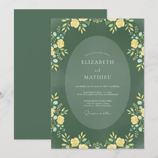 Forest Green Refined Botanical Wedding 招待状 (正面/裏面)
