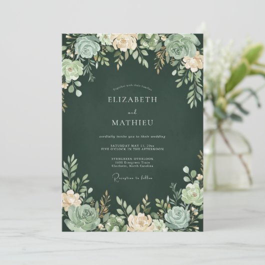 Forest Green Rich Succulent Wedding 招待状 (スタンド正面)