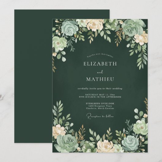 Forest Green Rich Succulent Wedding 招待状 (正面/裏面)