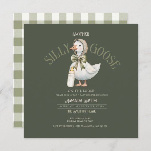 Forest Green Silly Goose neutral  Baby Shower  招待状 (正面/裏面)