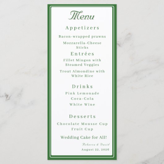 Forest Green Two Hearts Catholic Wedding メニュー (正面)