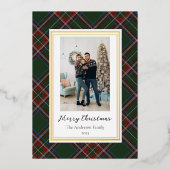 Forest Green Vintage Plaid Christmas Photo 箔シーズンカード (正面)