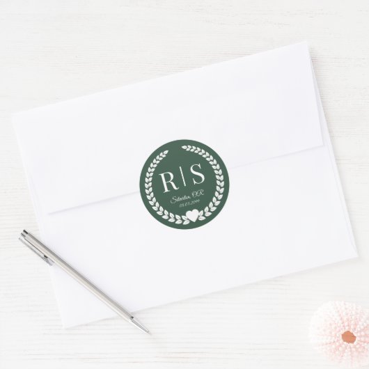 Forest Green Wedding Monogram Initials ラウンドシール (封筒)