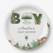 Forest Green Woodland Mushroom Baby Boy Shower ペーパープレート (正面)