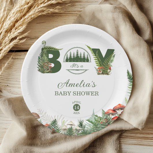 Forest Green Woodland Mushroom Baby Boy Shower ペーパープレート