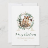 Forest Green Wreath Gold Monogram Photo Christmas シーズンカード (正面)