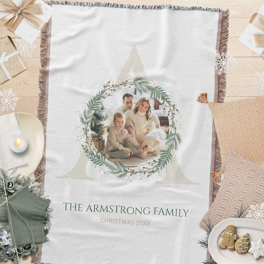 Forest Green Wreath Gold Monogram Photo Keepsake スローブランケット