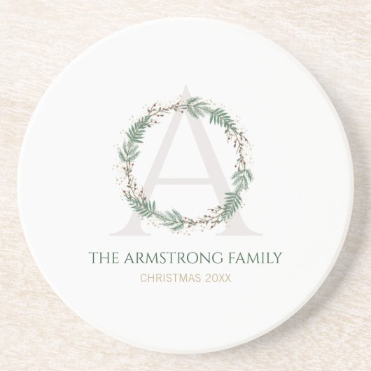 Forest Green Wreath Monogram Drinkware Accent Set コースター (正面)