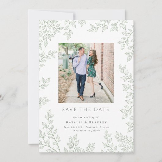 Forest Grove Sage Green Photo Save the Date 招待状 (正面)