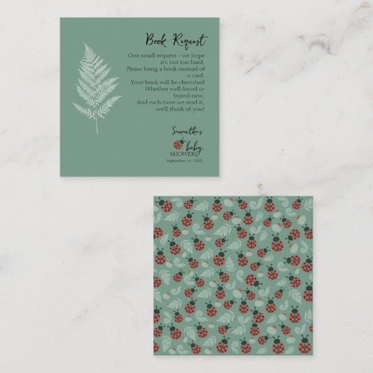 Forest Ladybugs Green Baby Shower Book Request エンクロージャーカード (正面/裏面)