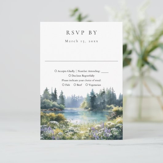 Forest Lakeside Wildflowers Floral Wedding 出欠カード (スタンド正面)