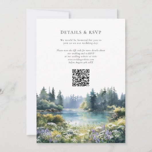 Forest Lakeside Wildflowers QR Code Wedding 招待状 (裏面)