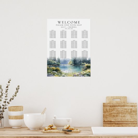 Forest Lakeside Wildflowers Wedding Seating Chart ポスター (キッチン)