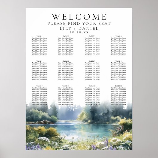 Forest Lakeside Wildflowers Wedding Seating Chart ポスター (正面)