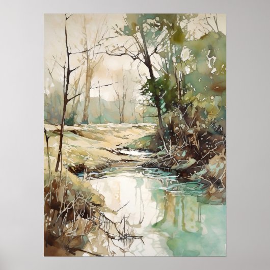Forest River Watercolor Painting  ポスター (正面)
