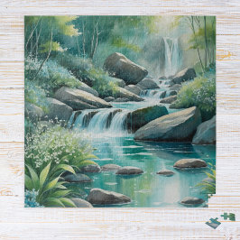 Forest Stream Woodland Waterfalls Watercolor ジグソーパズル