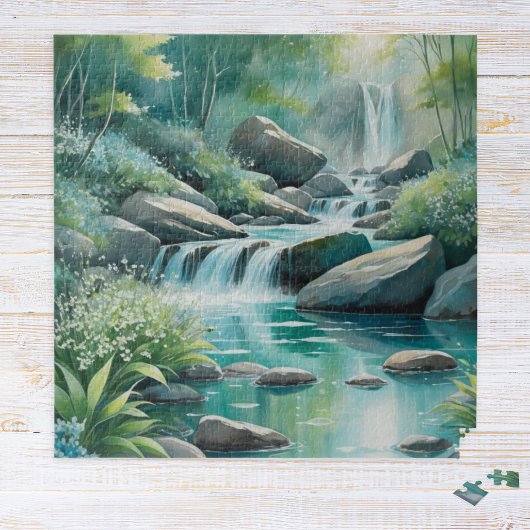 Forest Stream Woodland Waterfalls Watercolor ジグソーパズル
