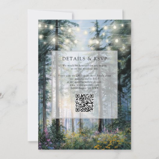 Forest String Lights Floral QR Code Wedding 招待状 (裏面)