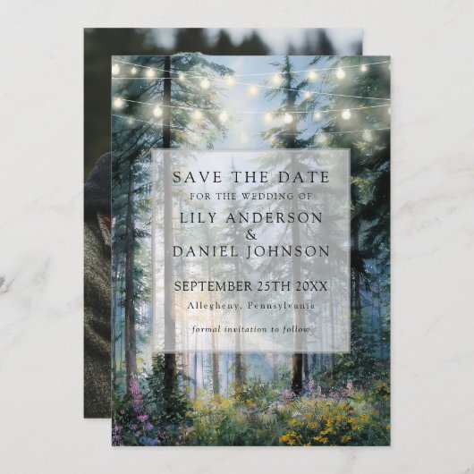 Forest String Lights Floral Rustic Photo Wedding セーブザデート (正面/裏面)
