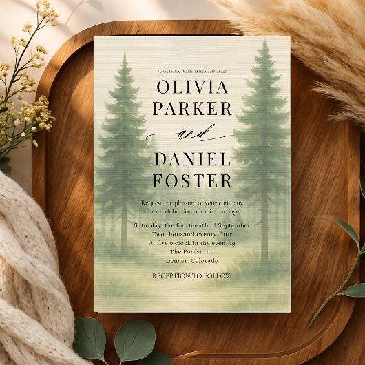 Forest Trees Watercolor Destination Wedding 招待状