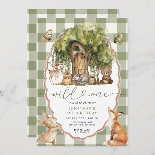 Forest Wild One First Birthday Woodland Animals 招待状 (正面/裏面)