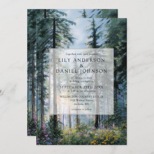 Forest Wildflowers Floral All In One Wedding 招待状 (正面/裏面)