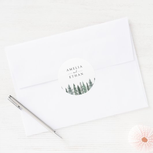 Forest Wintre Watercolor Wedding ラウンドシール (封筒)