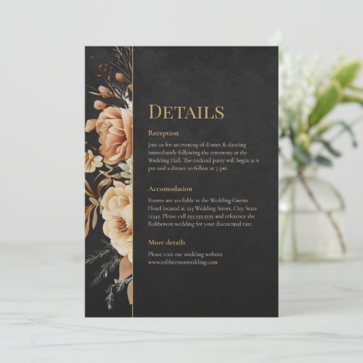 Forest Witch Black Floral Wedding Details Card 招待状 (スタンド正面)
