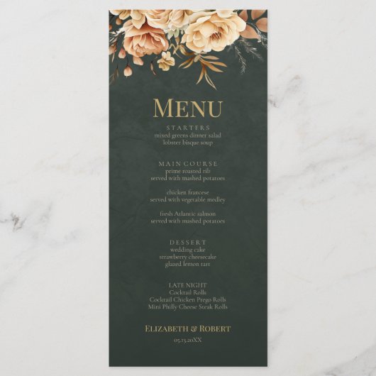 Forest Witch Green Floral Wedding Menu Card メニュー (正面)
