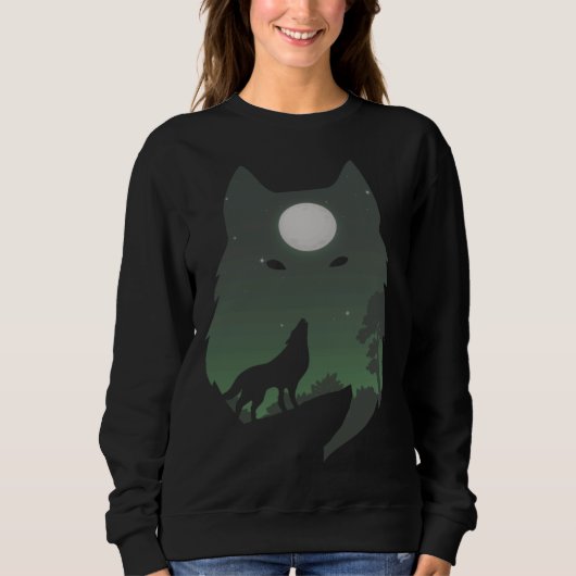 Forest with Full Moon Silhouette Howling Wolf スウェットシャツ (正面)