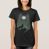 Forest with Full Moon Silhouette Howling Wolf Tシャツ (正面)