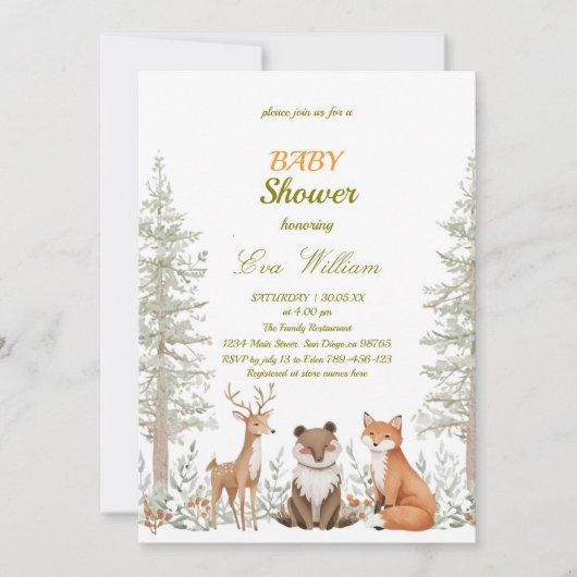 Forest Woodland Animals Baby Shower Invitation 招待状 (正面)