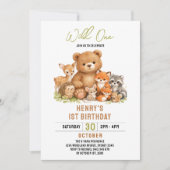 Forest Woodland Animals Wild One 1st Birthday 招待状 (正面)