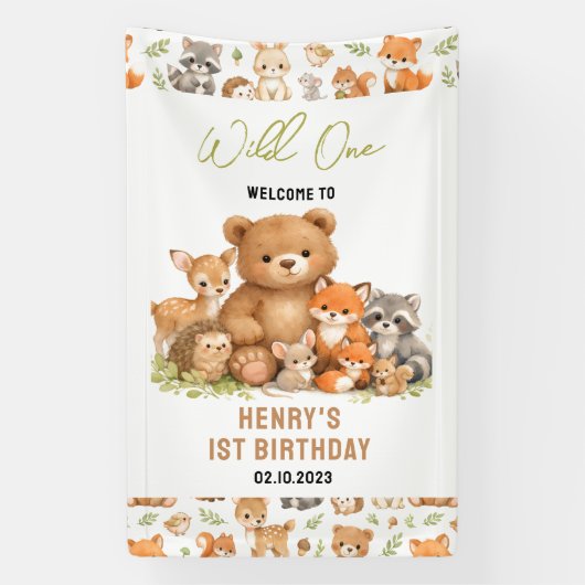 Forest Woodland Animals Wild One 1st Birthday 横断幕 (縦)