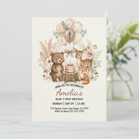 Forest Woodland Animals Wild One Birthday 招待状 (スタンド正面)