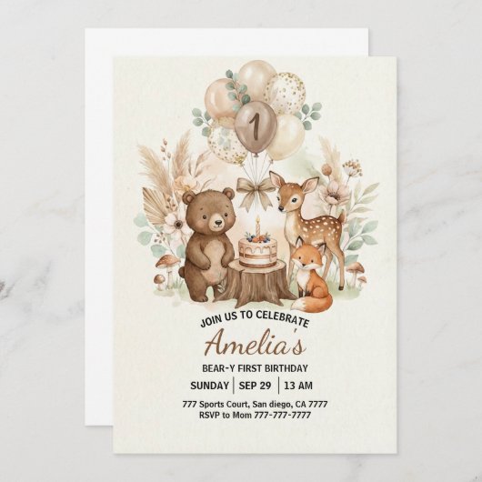 Forest Woodland Animals Wild One Birthday 招待状 (正面/裏面)