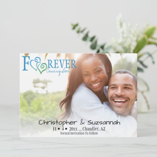 FOREVER日付を保存青い緑のリンク付きハート 案内状 (スタンド正面)