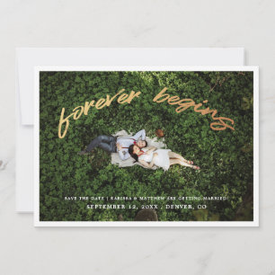 Forever Begins   ゴールドのSave the Date フォトカード セーブザデート