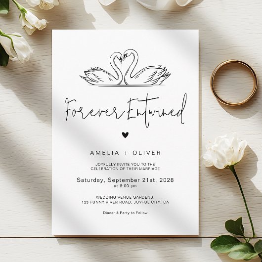 Forever Entwined Minimalist Script Swans Wedding 招待状
