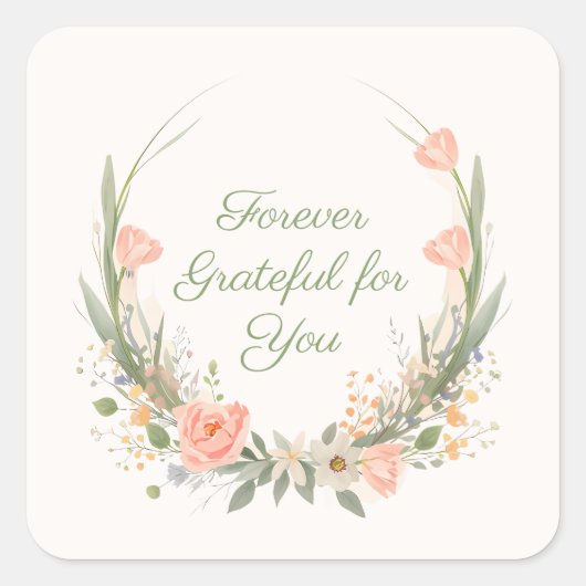  Forever Grateful Watercolor Tulip Wreath Sticker スクエアシール (正面)