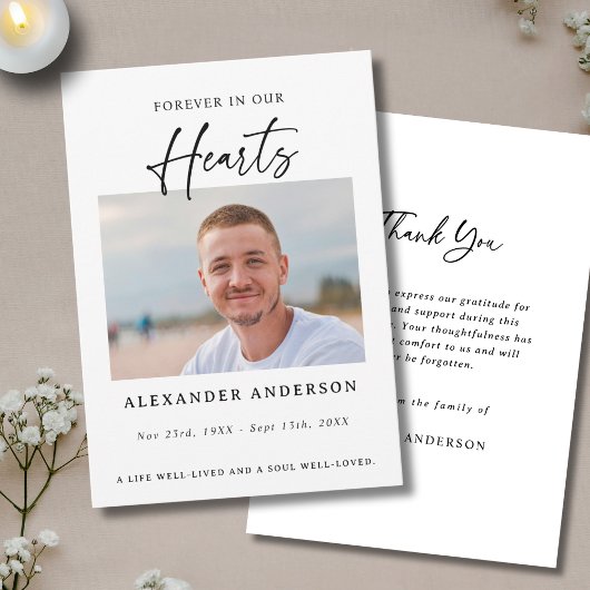 Forever in Our Hearts Black White Memorial Funeral サンキューカード