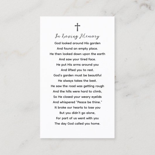 Forever In Our Hearts Funeral Prayer Photo Card 名刺 (裏面)