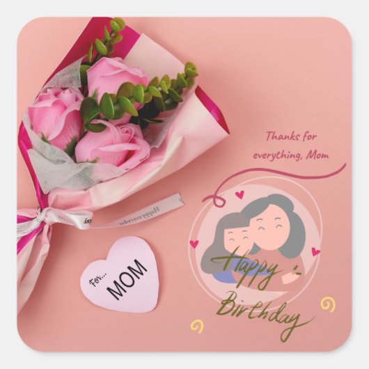 “Forever Loved Mom – Heartfelt Floral sticker スクエアシール (正面)