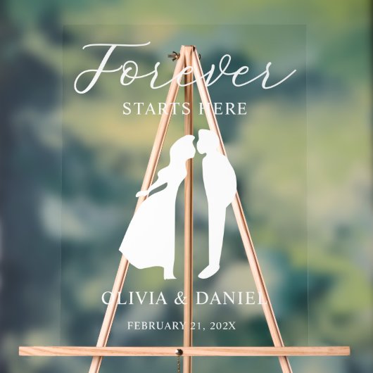 Forever Starts Here エレガントな筆記体 結婚式 ウェルカム アクリルサイン (ニュートラル)