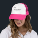 Forever Starts Here | Bride & Bridesmaid Party キャップ<br><div class="desc">Mark the beginning of forever with this elegant “Forever Starts Here” hat - a heartfelt keepsake for the bride and her closest friends. With modern black lettering on a clean white front and a vibrant pink brim, it’s perfect for capturing the excitement of your next chapter together. Personalize it with...</div>