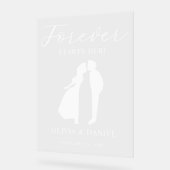 Forever Starts Here Elegant Script Wedding Welcome アクリルサイン (傾斜)