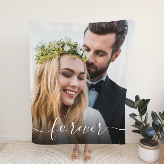 Forever White Script Photo Overlay 結婚's フリースブランケット