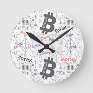 Forex、Money、Euro、Dollar、Bitcoinブロックチェーン ラウンド壁時計